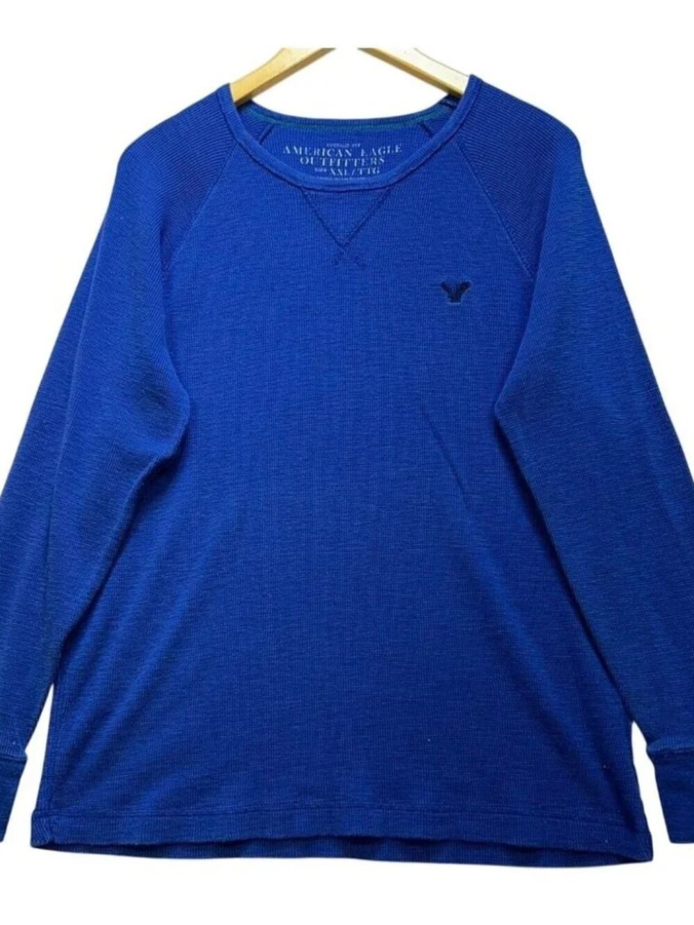 Vintage American Eagle Y2K Waffle Knit Logo Long Sleeve Thermal Blue Size XXL